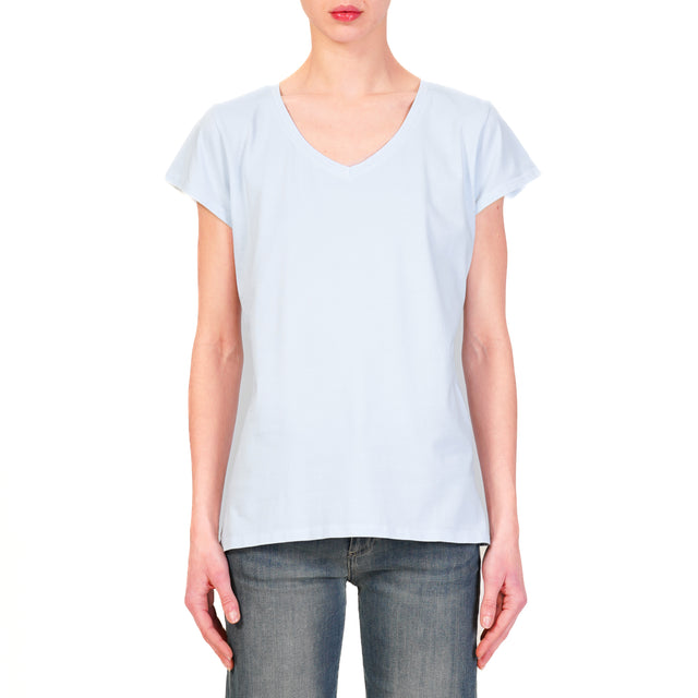 Zeroassoluto-T-shirt scollo v mezza manica cotone elasticizzato - cielo