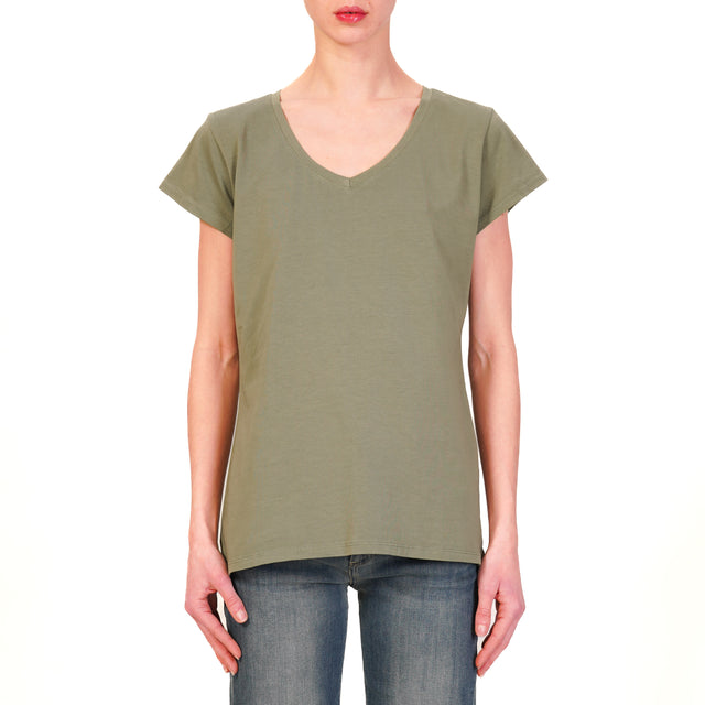 Zeroassoluto-T-shirt scollo v mezza manica cotone elasticizzato - militare