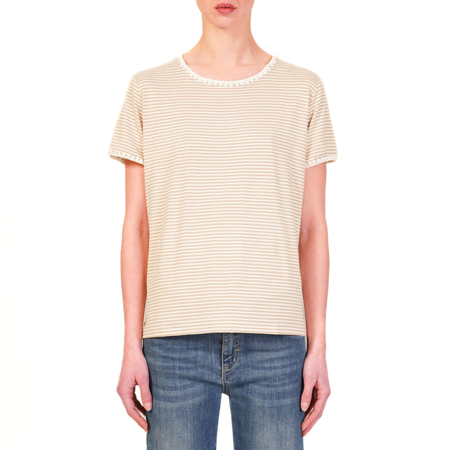 Zeroassoluto-T-shirt a righe fine con passamaneria cotone elasticizzato - bianco/beige