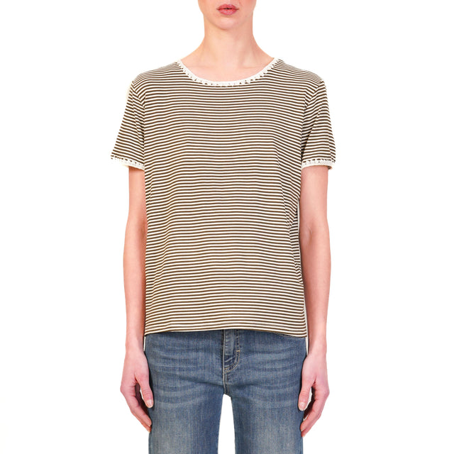 Zeroassoluto-T-shirt a righe fine con passamaneria cotone elasticizzato - bianco/militare