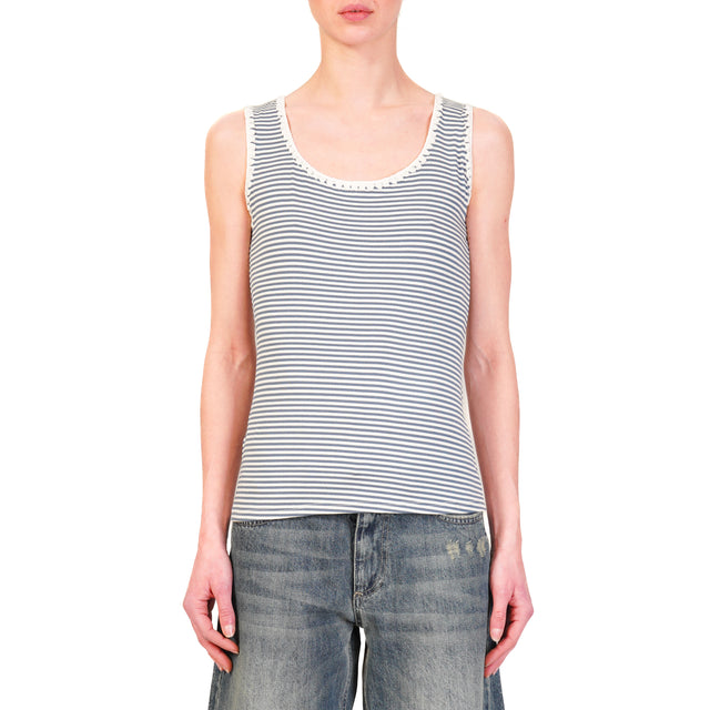 Zeroassoluto-Top righe fine con passamaneria - bianco/jeans