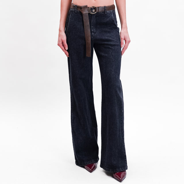 Zeroassoluto-Pantalone LILLY palazzo tela jeans elasticizzata - denim nero