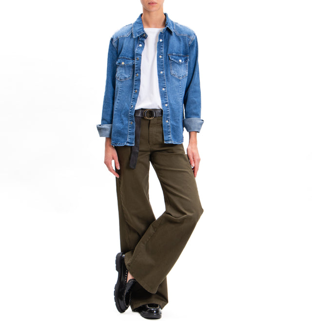 Zeroassoluto-Pantalone LILLY palazzo cotone elasticizzato - militare