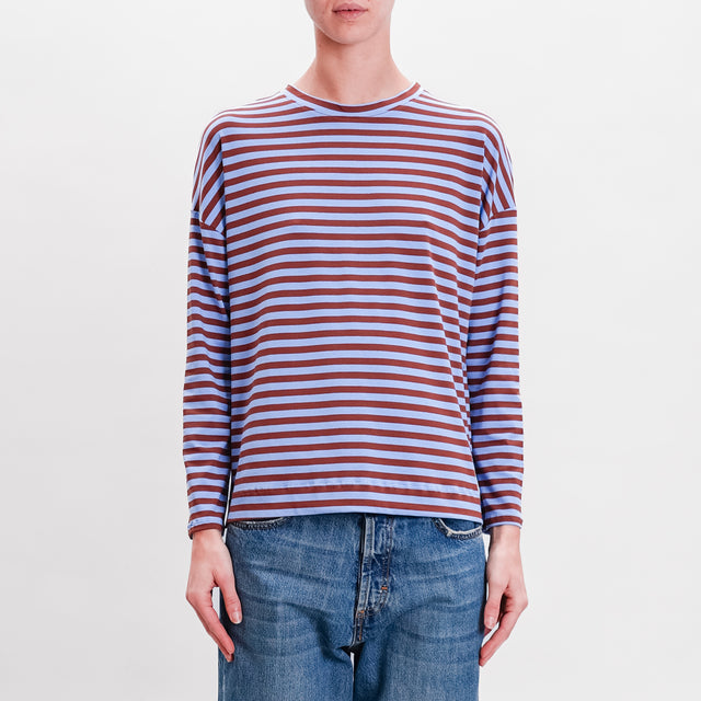 Zeroassoluto-T-shirt striped box jersey - light blue/tan