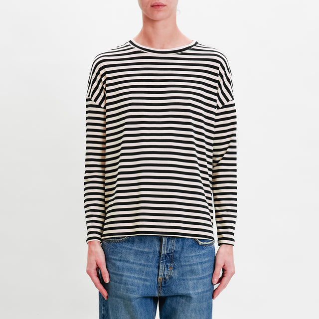 Zeroassoluto-T-shirt striped box jersey - off white/black