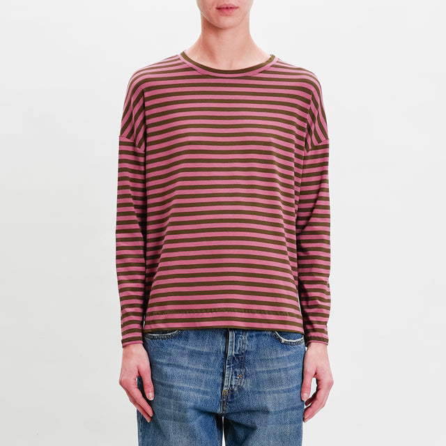 Zeroassoluto-T-shirt striped box jersey - rose/military