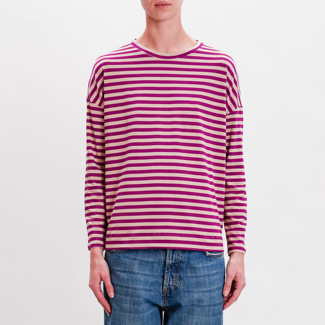 Zeroassoluto-T-shirt striped box jersey - sand/cyclamen