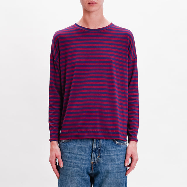 Zeroassoluto-T-shirt striped box jersey - wine/blue