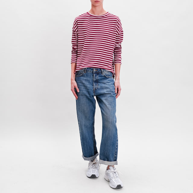 Zeroassoluto-Jersey Box Striped T-Shirt - Wine/Pink