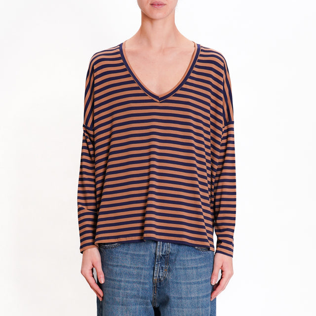 Zeroassoluto-V-neck striped jersey T-shirt - blue/tan