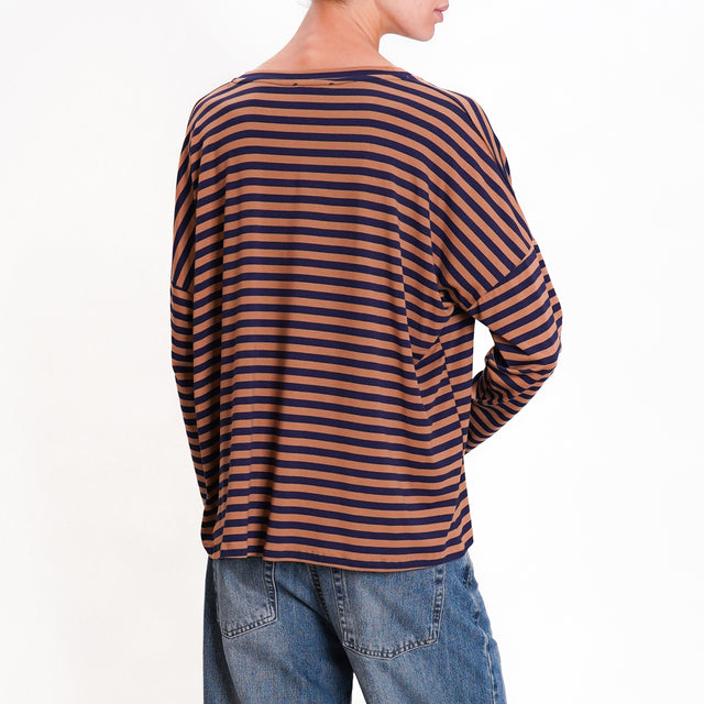 Zeroassoluto-V-neck striped jersey T-shirt - blue/tan