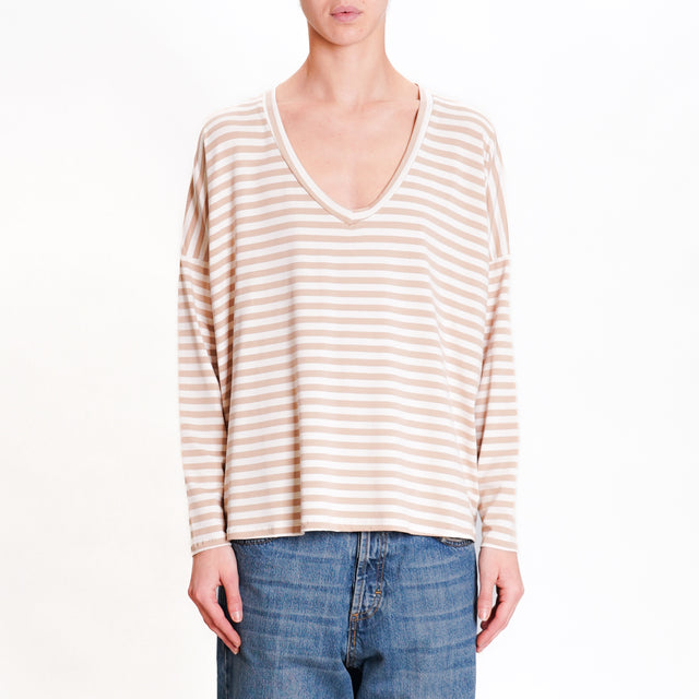 Zeroassoluto-T-shirt righe scollo a v in jersey - off white/sand