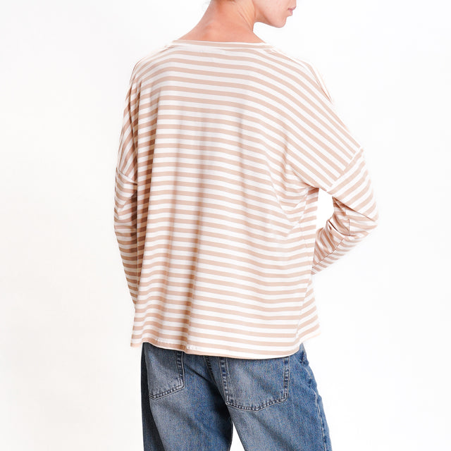 Zeroassoluto-V-neck striped jersey T-shirt - off white/sand