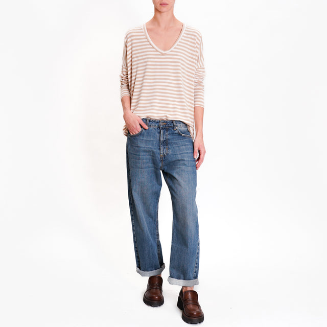 Zeroassoluto-V-neck striped jersey T-shirt - off white/sand