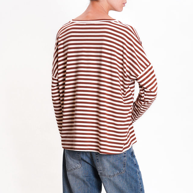 Zeroassoluto-V-neck striped jersey T-shirt - leather/butter