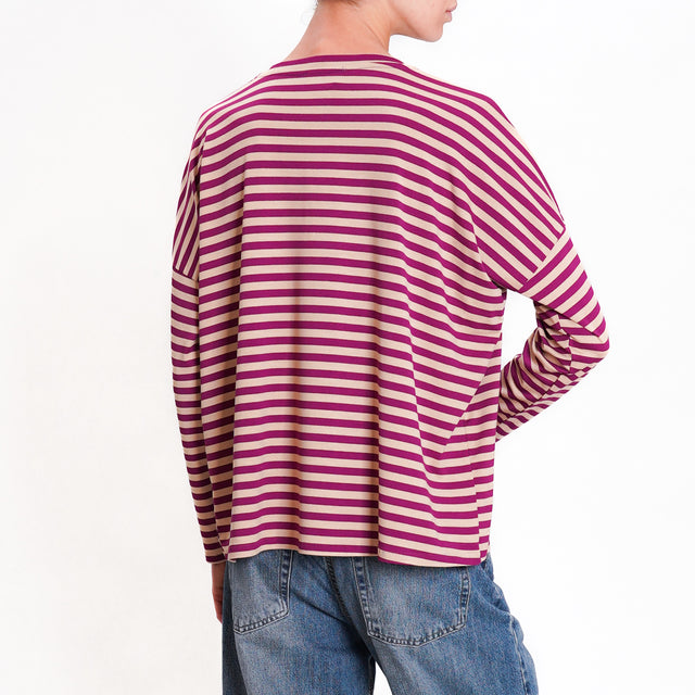 Zeroassoluto-V-neck striped jersey T-shirt - sand/cyclamen