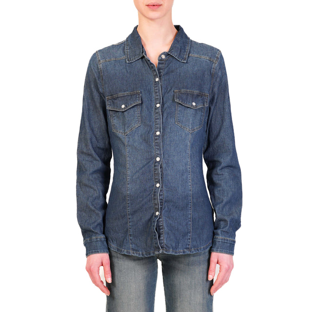 Zeroassoluto-Slim fit light stretch denim shirt - dark denim