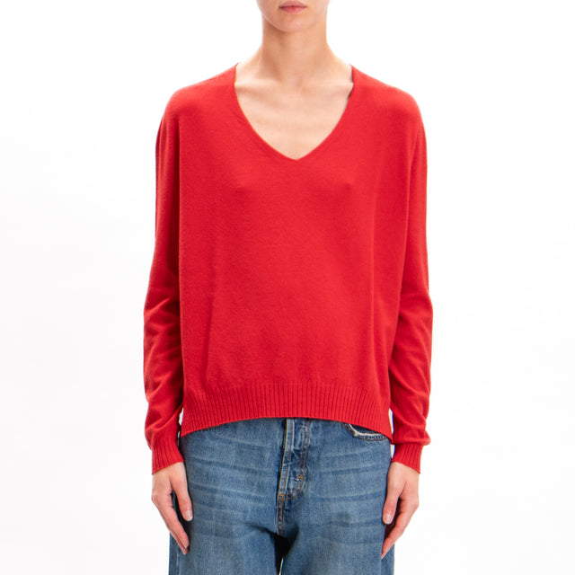 Zeroassoluto-V-neck sweater with side slits - red