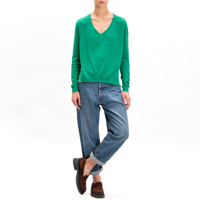 Zeroassoluto-V-neck sweater with side slits - GREEN