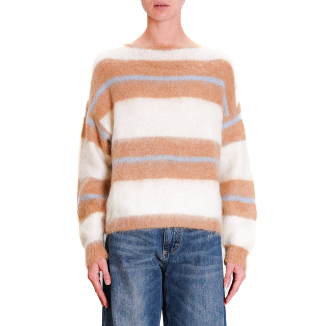 Zeroassoluto-Maglia mohair a righe - cammello/panna/azzurro