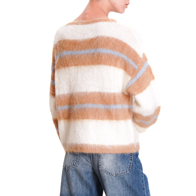 Zeroassoluto-Maglia mohair a righe - cammello/panna/azzurro