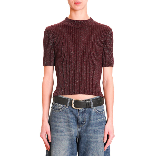 Zeroassoluto-Ribbed Lurex Fitted Collar Sweater - Wine