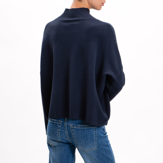 Zeroassoluto-Ribbed sleeve fitted collar sweater - blue