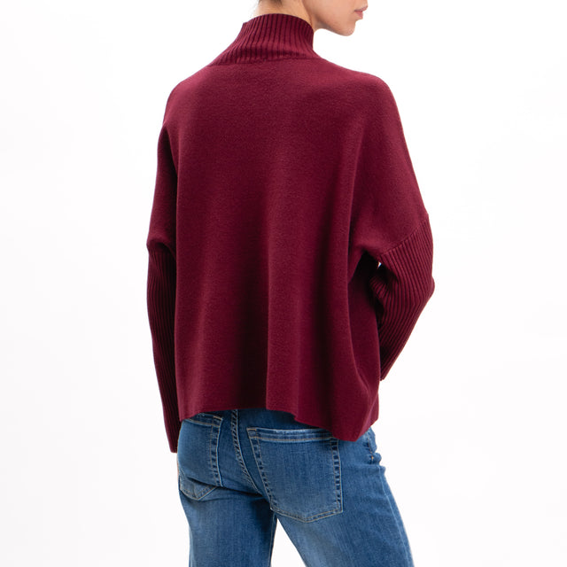 Zeroassoluto-Ribbed sleeve fitted collar sweater - wine