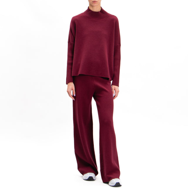 Zeroassoluto-Ribbed sleeve fitted collar sweater - wine