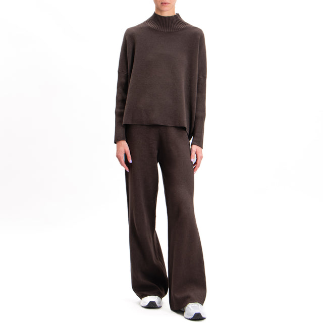 Zeroassoluto-Ribbed sleeve fitted collar sweater - chocolate