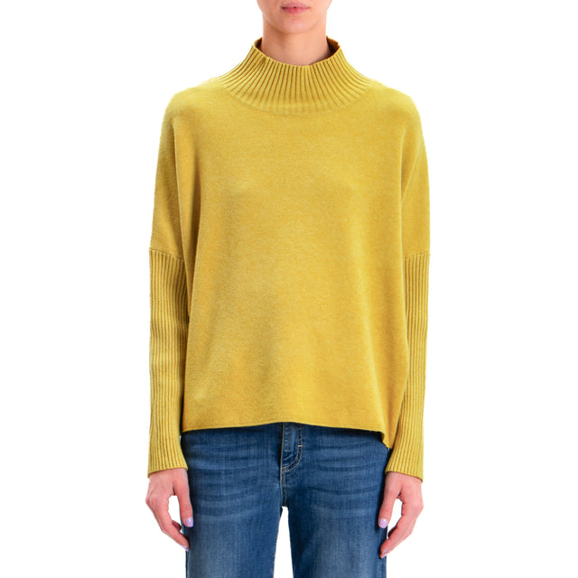 Zeroassoluto-Ribbed collar and sleeve sweater - oil