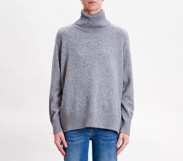 Zeroassoluto-Oversized high neck box sweater with side slits - medium grey melange