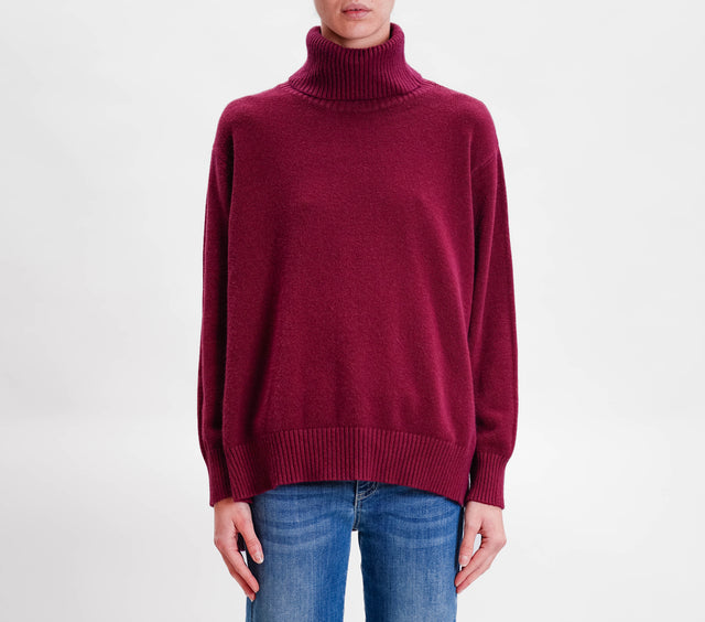 Zeroassoluto-Oversized high neck box sweater with side slits - wine