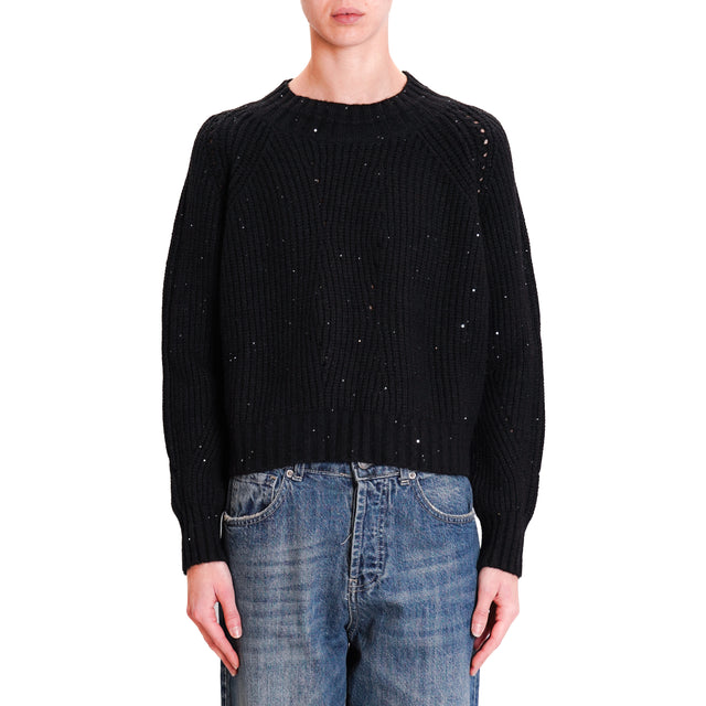 Haveone-Micro Sequin Ribbed Sweater - Black