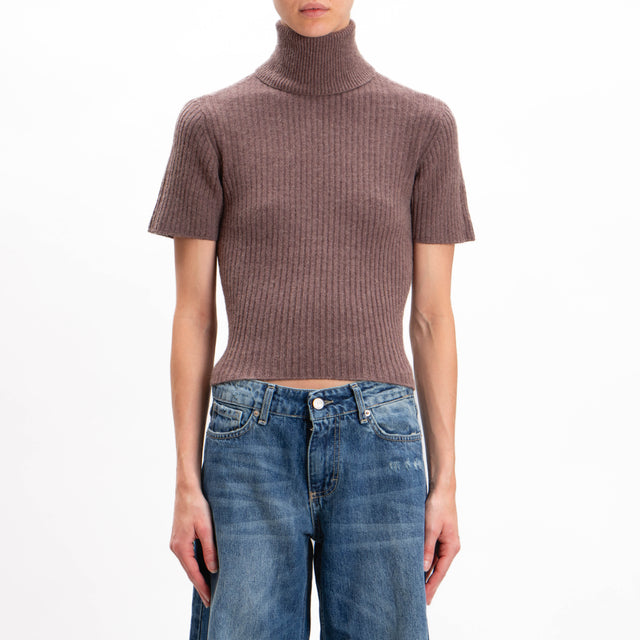 Kontatto-Ribbed turtleneck short sleeve sweater - coffee