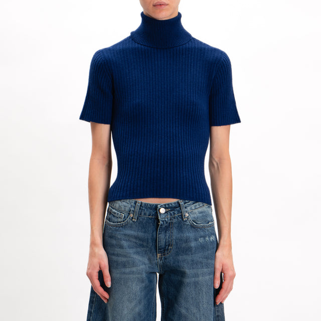 Kontatto-Ribbed Turtleneck Short Sleeve Sweater - Indigo