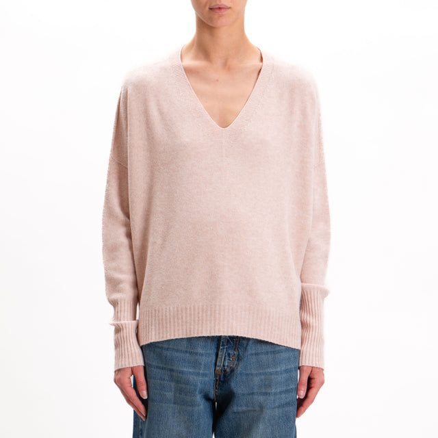 Kontatto-V-neck sweater with side slits - pink