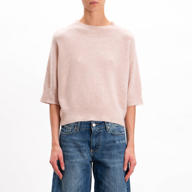 Kontatto-Short sleeve fitted neck sweater - pink