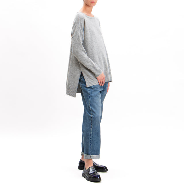 Kontatto-Cashmere Blend Sweater with Side Slits - Light Grey