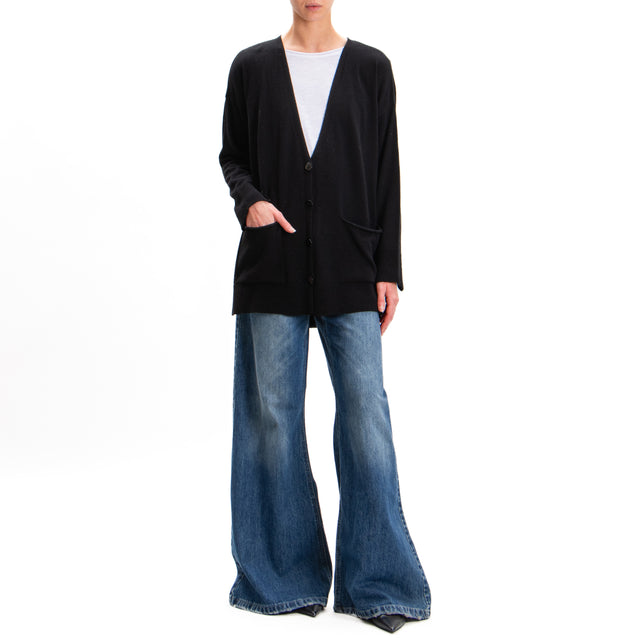 Kontatto-Cardigan over con tasche misto cashmere - nero