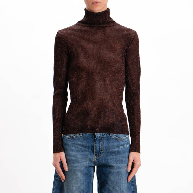 Kontatto-High neck lurex sweater - dark brown