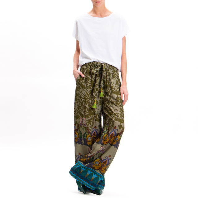 Wu'side-Patterned Drawstring Trousers - Sage/Military/Royal