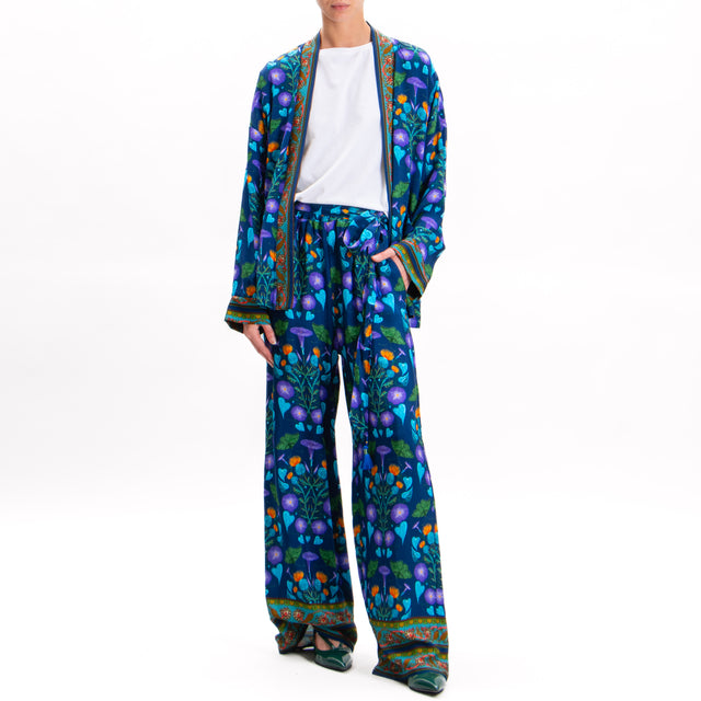 Wu'side-Floral Print Elastic Waist Trousers - Blue/Purple/Turquoise